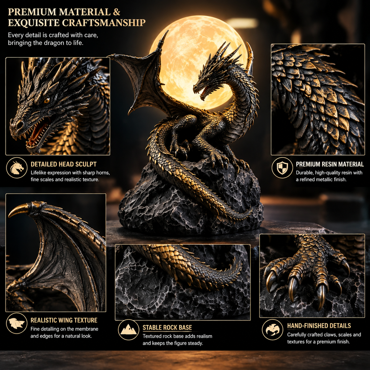 🐉 Gothic Dragon Moon Lamp – Glowing Fantasy Statue