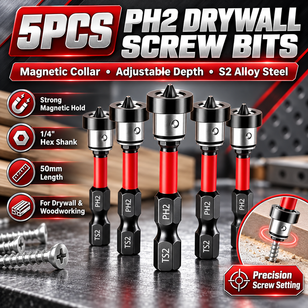 🔩5pcs Drywall Bit Attachment , PH2 Magnetic Drywall Screwdriver Bits