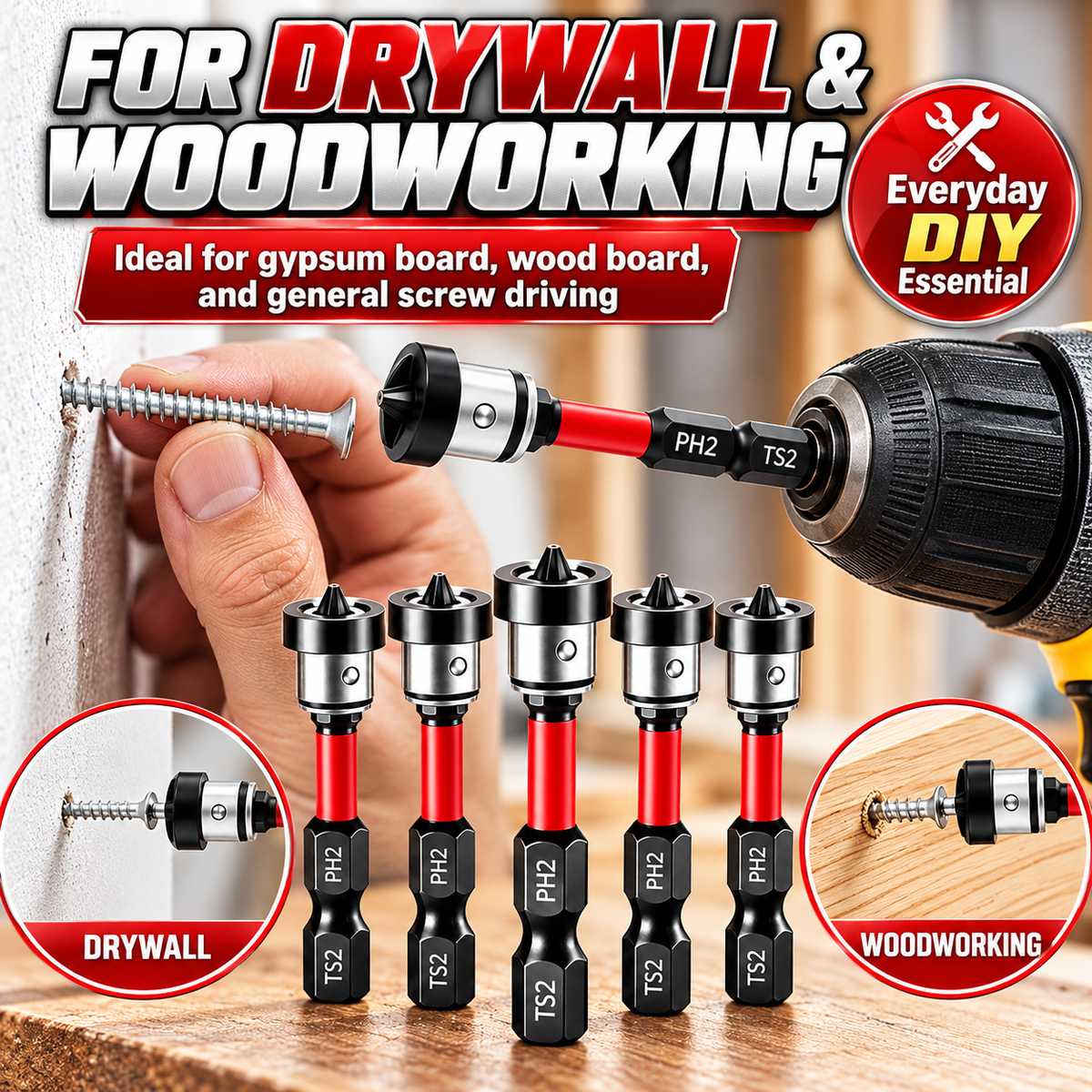 🔩5pcs Drywall Bit Attachment , PH2 Magnetic Drywall Screwdriver Bits
