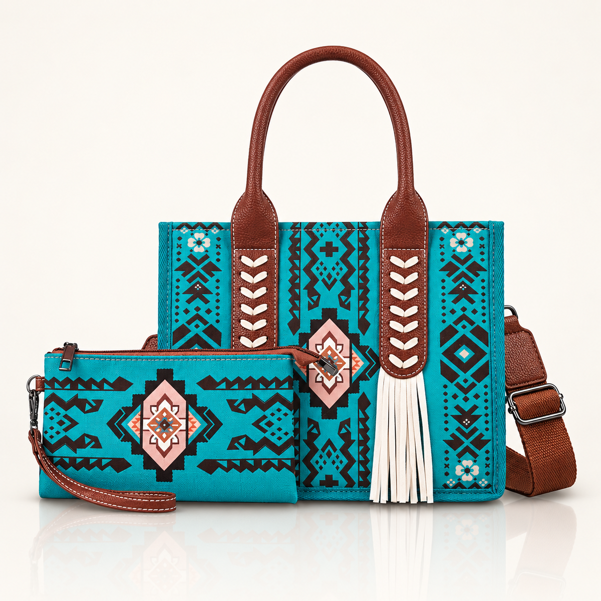 👜 Handcrafted Southwestern Leather Tote Bag with Geometric Pattern and Fringe Accent