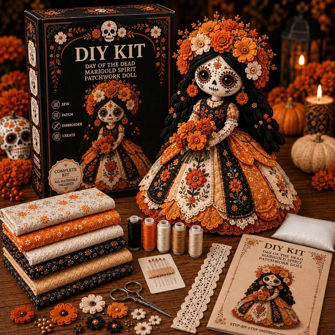 ๐ Day of the Dead Patchwork Doll DIY Sewing Kit โ Handmade Fabric Doll Making Kit with Floral Details