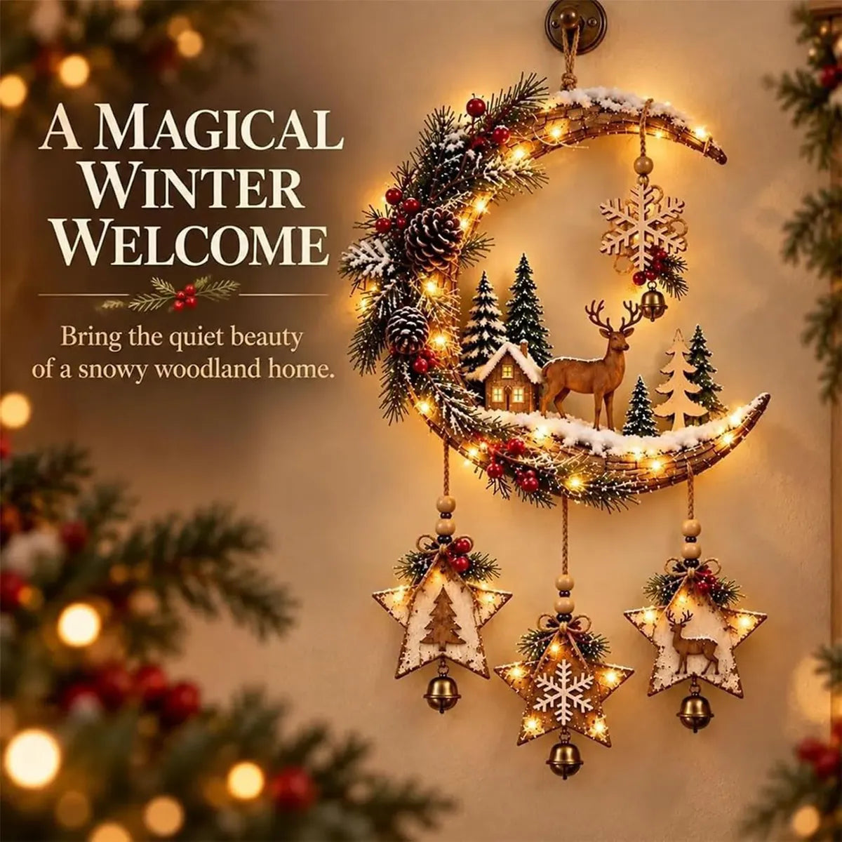 🌙🦌Lighted Rustic Christmas Crescent Moon Wall Decor