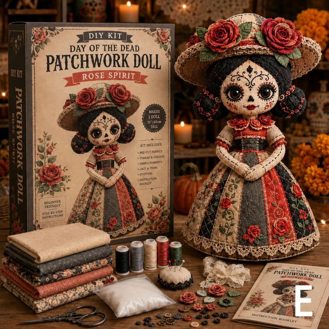๐ Day of the Dead Patchwork Doll DIY Sewing Kit โ Handmade Fabric Doll Making Kit with Floral Details