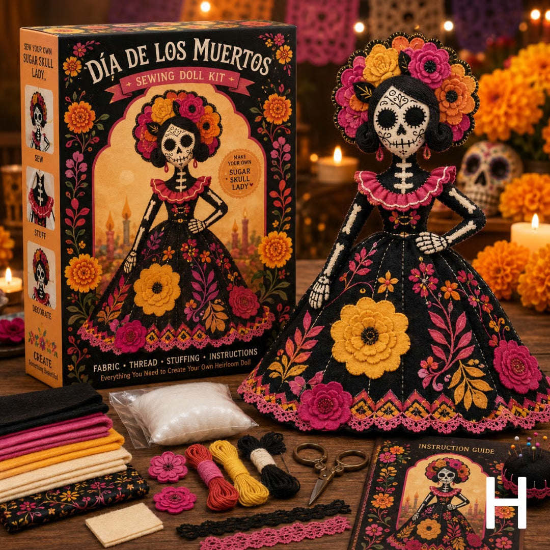 ๐ Day of the Dead Patchwork Doll DIY Sewing Kit โ Handmade Fabric Doll Making Kit with Floral Details