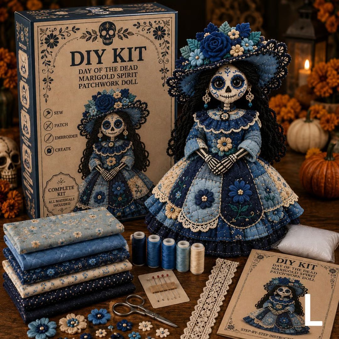 ๐ Day of the Dead Patchwork Doll DIY Sewing Kit โ Handmade Fabric Doll Making Kit with Floral Details