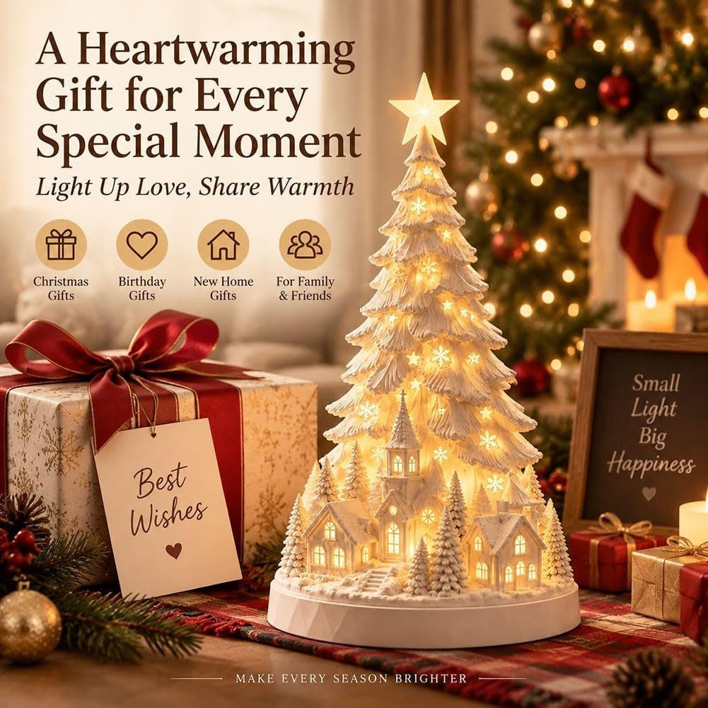 🎄Christmas Village Tree Light|Lighted White Christmas Village Tree Decor