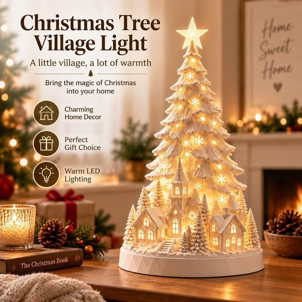🎄Christmas Village Tree Light|Lighted White Christmas Village Tree Decor