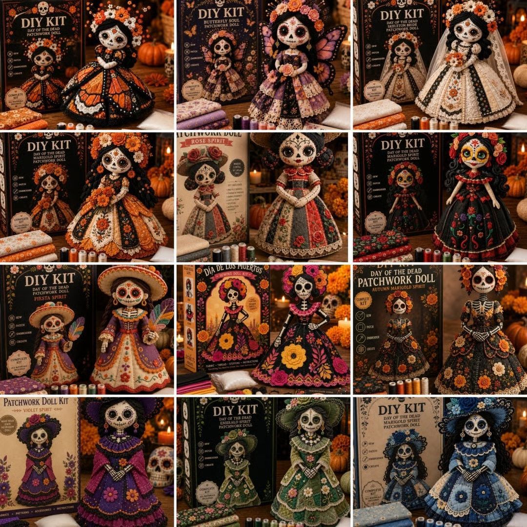 ๐ Day of the Dead Patchwork Doll DIY Sewing Kit โ Handmade Fabric Doll Making Kit with Floral Details