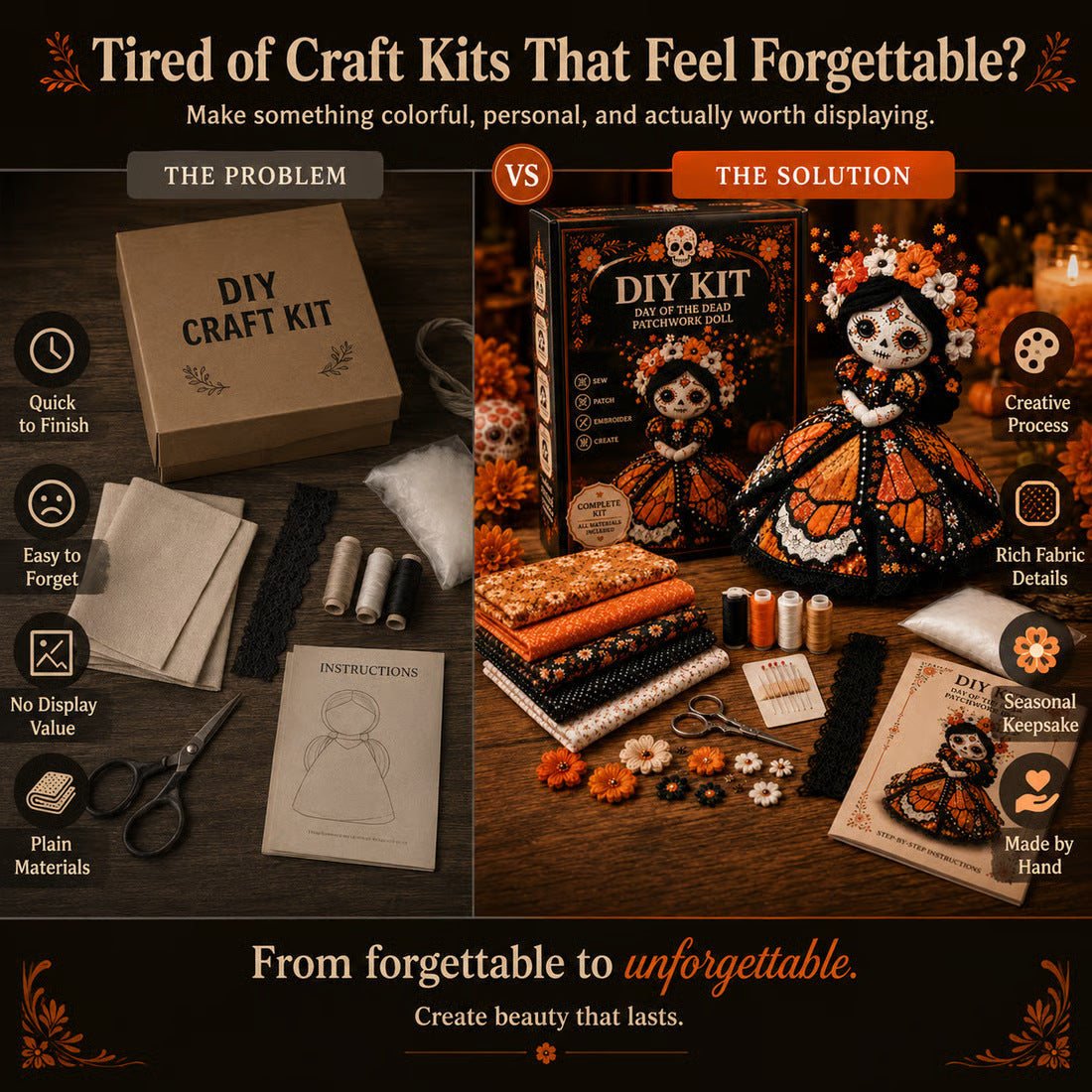 ๐ Day of the Dead Patchwork Doll DIY Sewing Kit โ Handmade Fabric Doll Making Kit with Floral Details