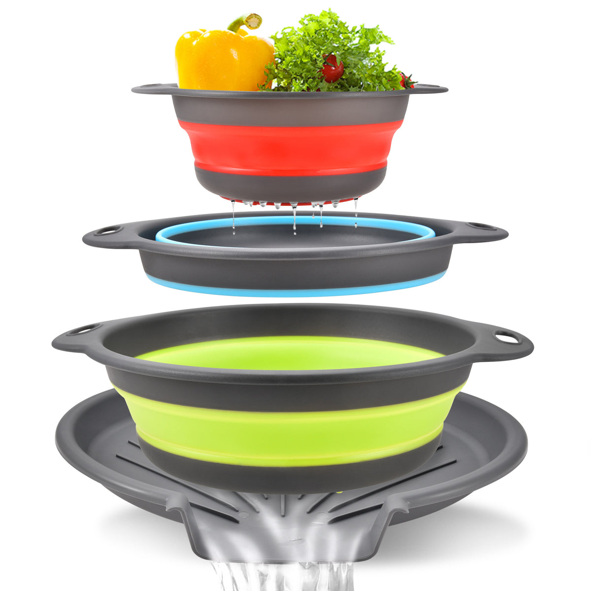 💧3-Piece Collapsible Colander Set - Space Saving Strainers with Draining Base