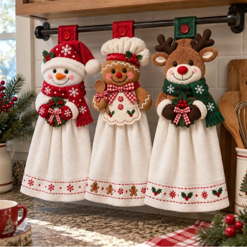 🎄 Christmas Hanging Kitchen Towel, Snowman Gingerbread Reindeer Decorative Hand Towel