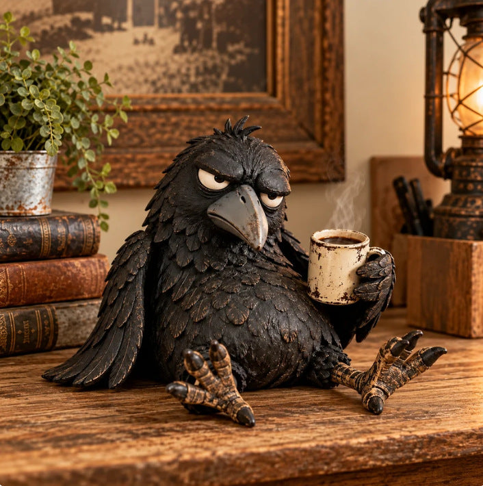 🖤 Grumpy Crow "Not Yet" Coffee Resin Decor Statue