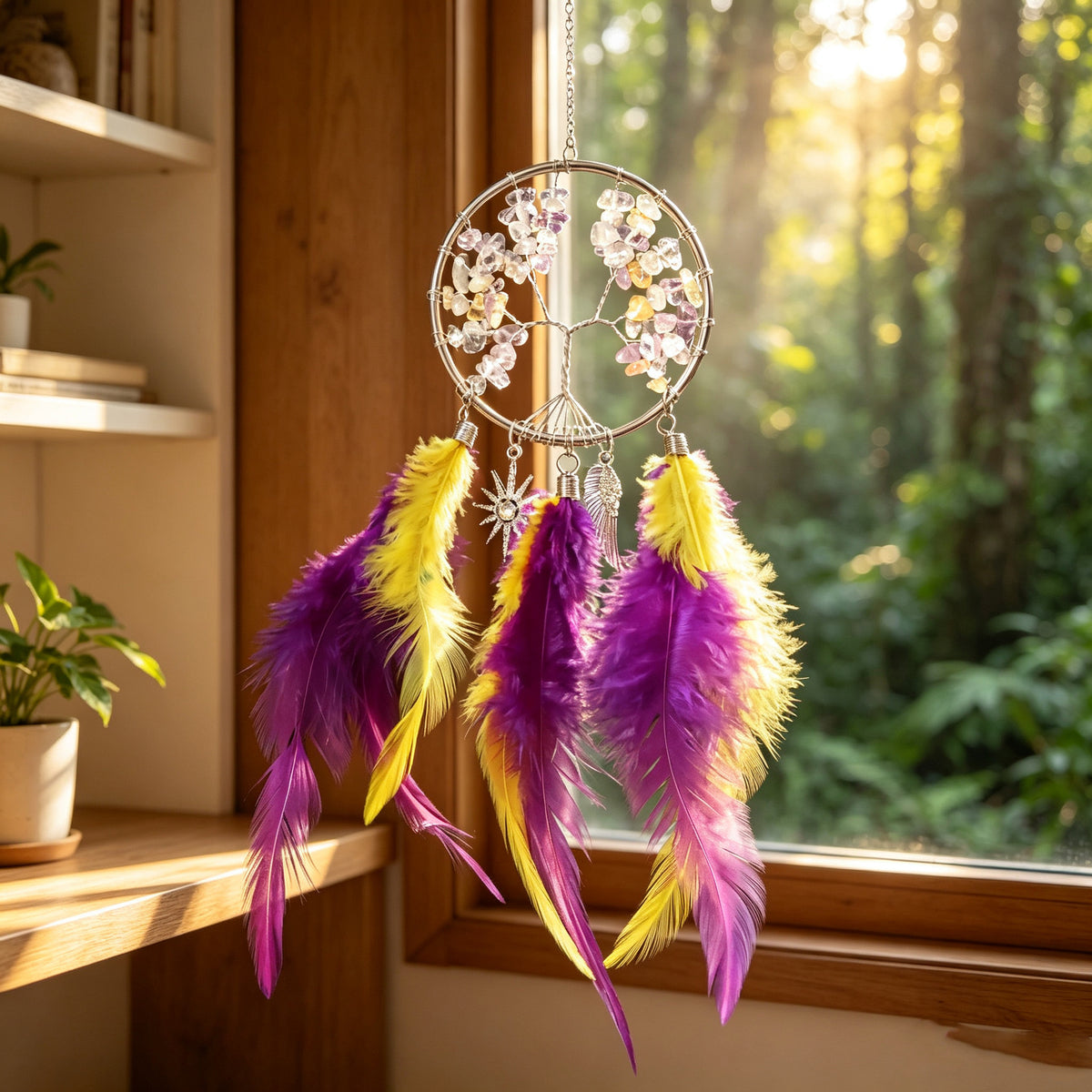 Crystal Tree ofLife Feather Hangin IColorful Boho Window &Wall Decor