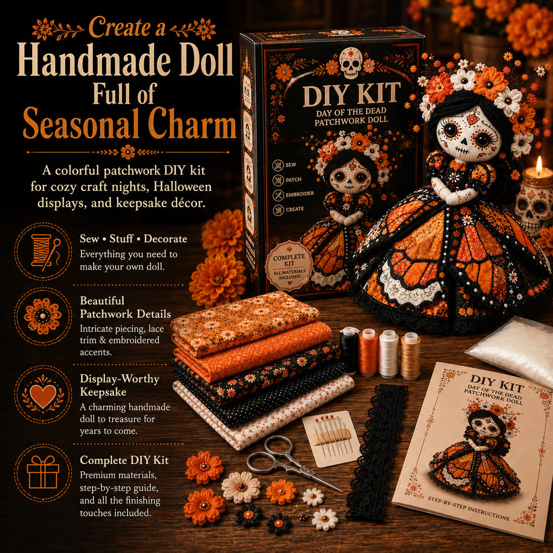 ๐ Day of the Dead Patchwork Doll DIY Sewing Kit โ Handmade Fabric Doll Making Kit with Floral Details