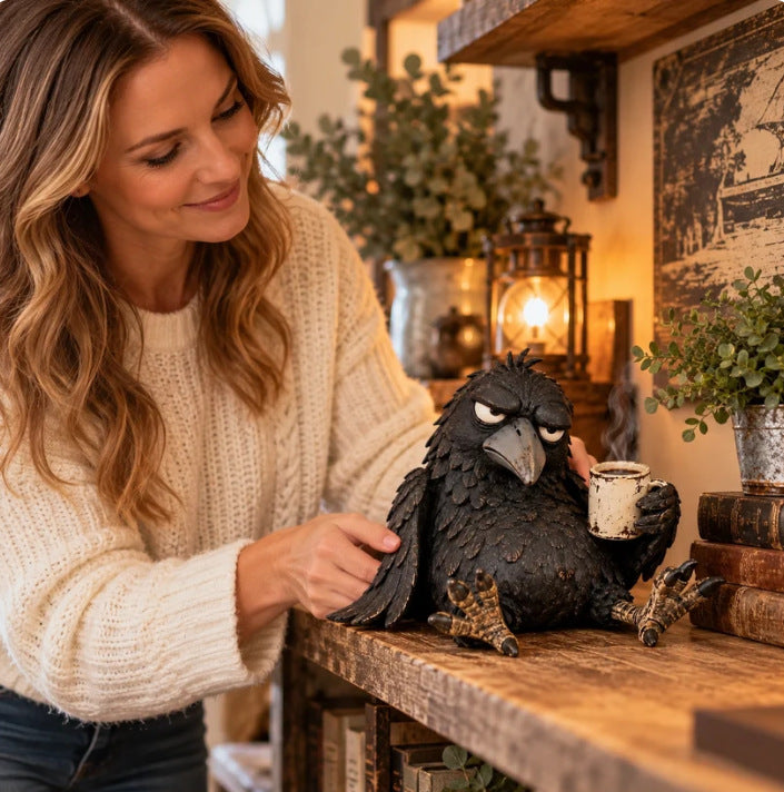🖤 Grumpy Crow "Not Yet" Coffee Resin Decor Statue