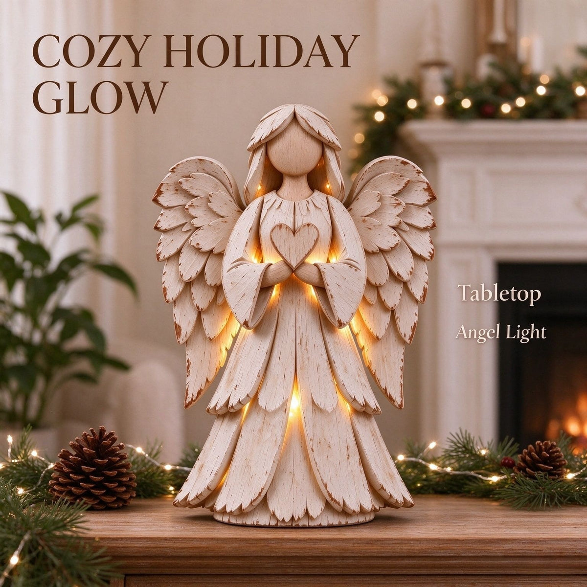🕊️ Rustic Wood-Style Angel Figurine With Warm Ambient Light
