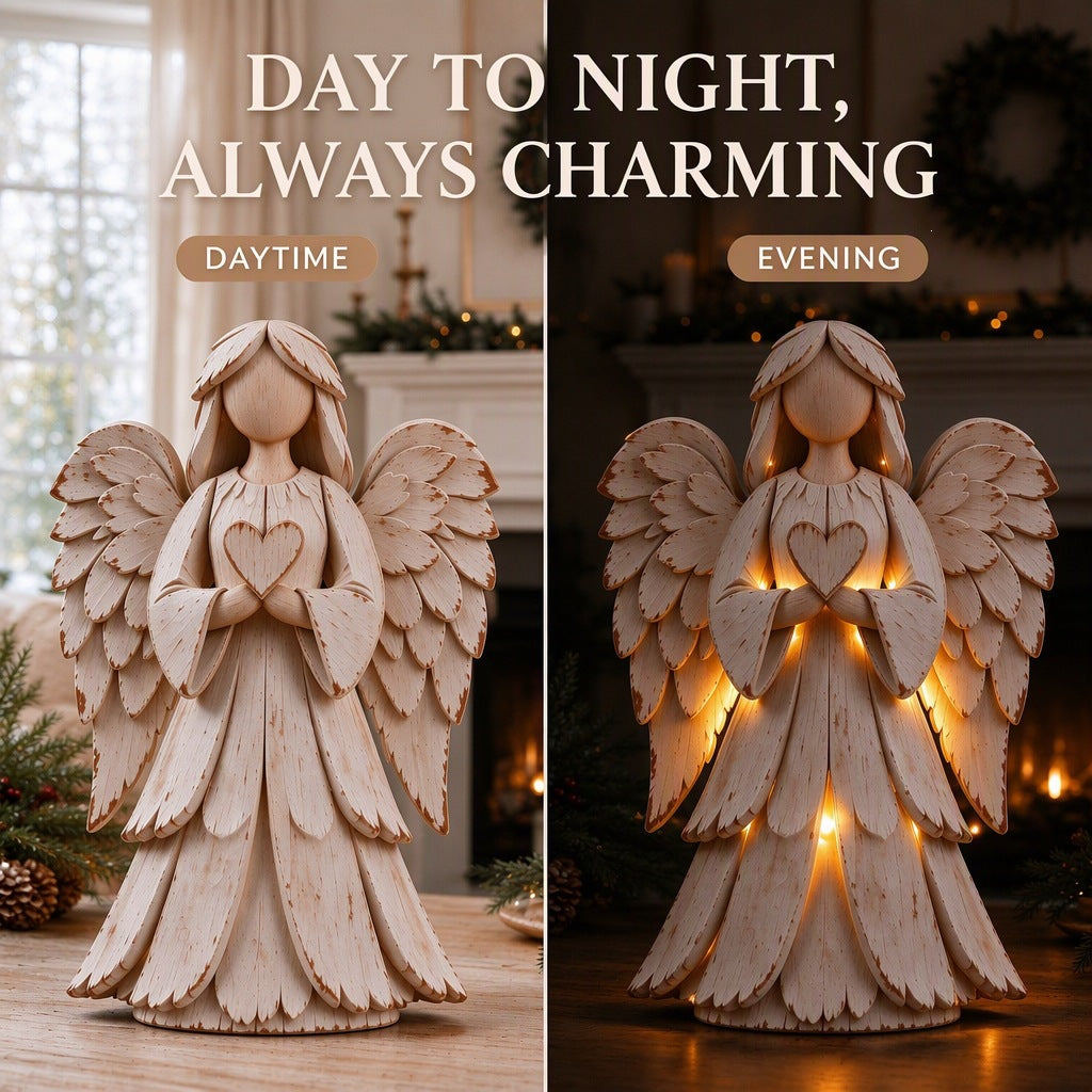 🕊️ Rustic Wood-Style Angel Figurine With Warm Ambient Light