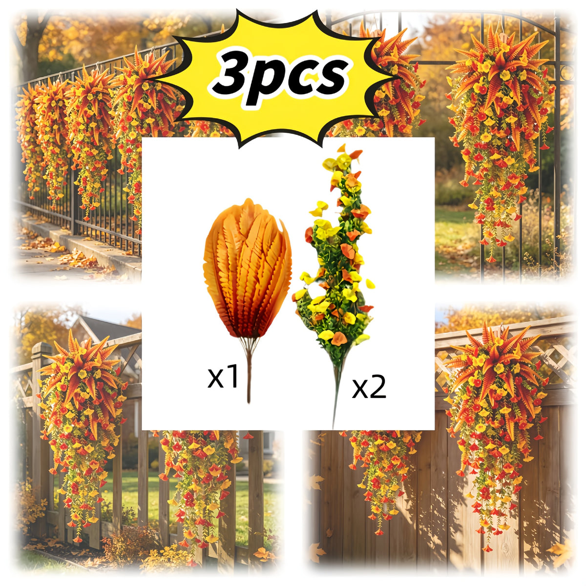 🍂 Artificial Fall Hanging Floral Swag | UV Resistant Autumn Orange Red Flower Garland