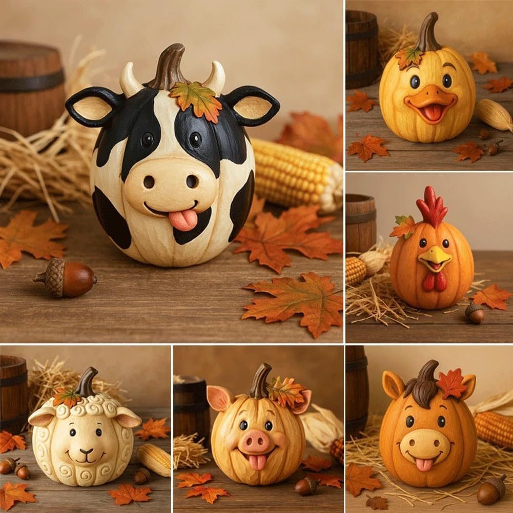 🎃 Farm Animal Pumpkin Figurines 🍁 Cute Fall Harvest Table Decor, Chicken Pig Cow Duck Sheep Horse Pumpkin Statue Set for Thanksgiving Home Ornament