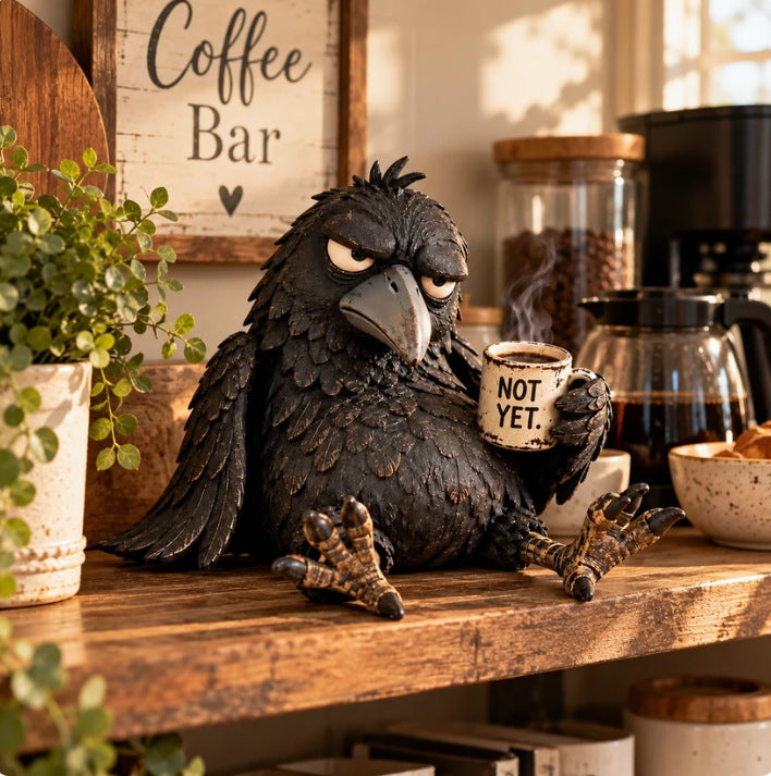 🖤 Grumpy Crow "Not Yet" Coffee Resin Decor Statue