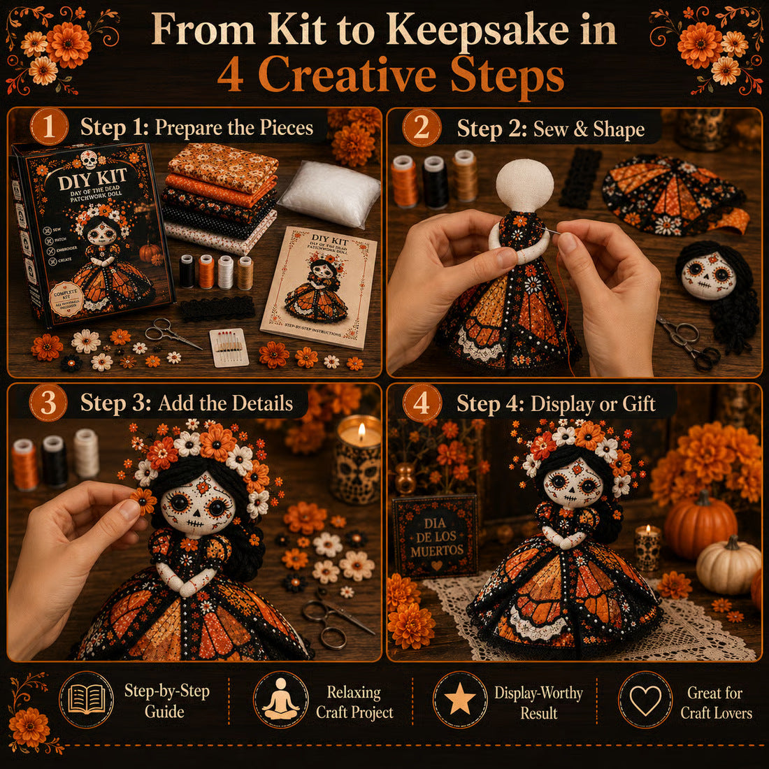 ๐ Day of the Dead Patchwork Doll DIY Sewing Kit โ Handmade Fabric Doll Making Kit with Floral Details