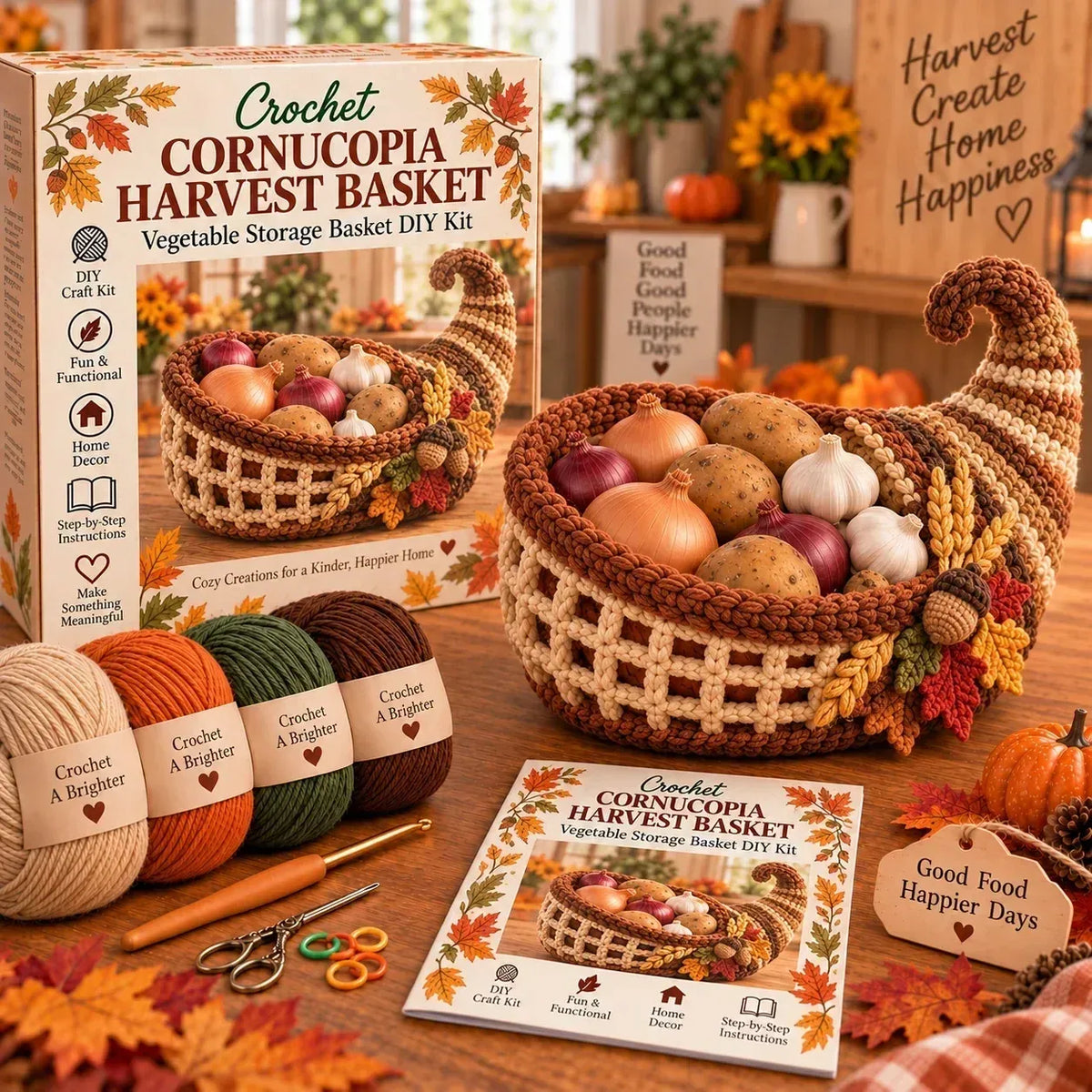🍂🧶 Harvest Basket Crochet DIY Kit – Charming Vegetable Storage & Fall Décor