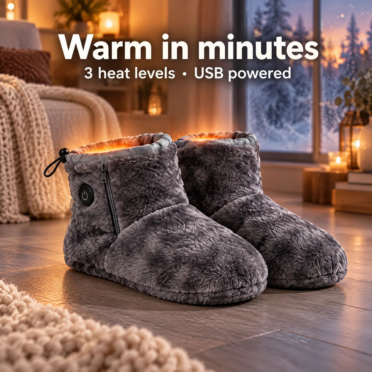 🧦 USB Heated Slipper Boots 3 Heat Settings Fuzzy Warm Foot Warmer