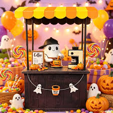 🎃 Cute Ghost Coffee Stand Figurine – Resin Halloweena Tabletop Decor with Mini Barista Bar, Perfect Fall Gift