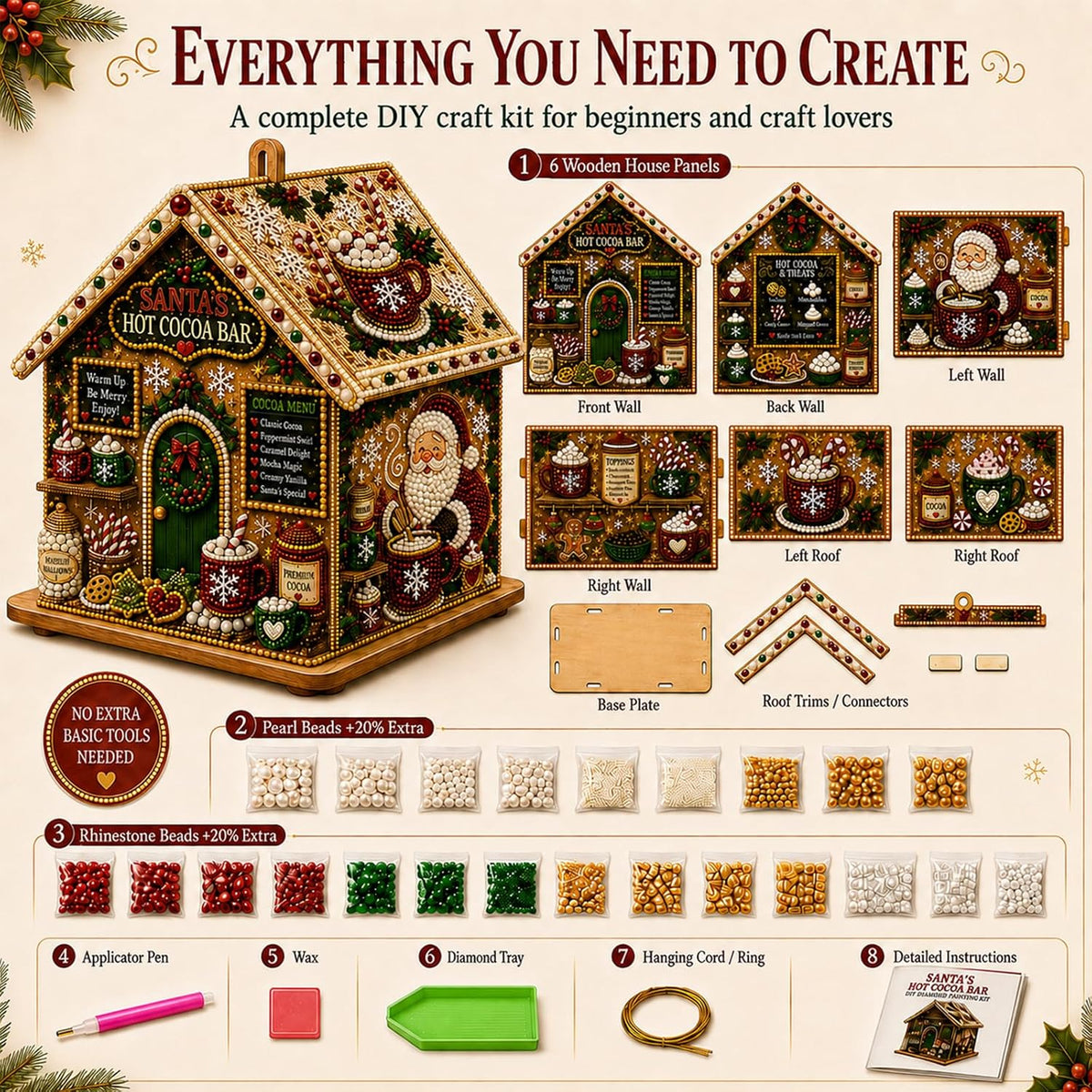 🎅3D Christmas House Pearl & Diamond Painting Kit – DIY Wooden Holiday Craft