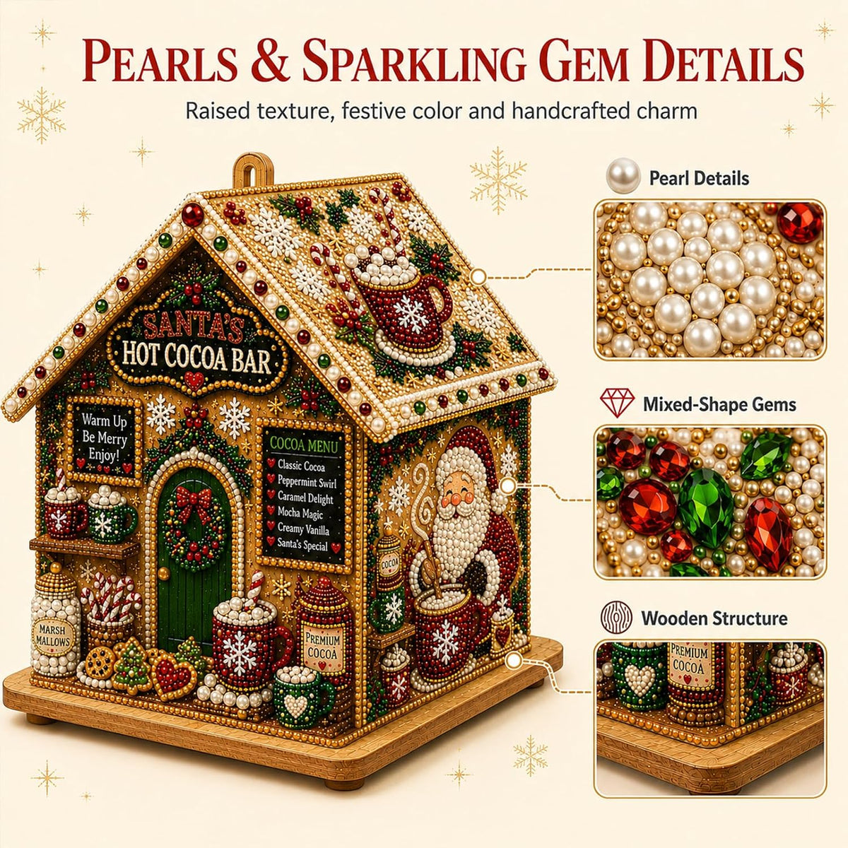 🎅3D Christmas House Pearl & Diamond Painting Kit – DIY Wooden Holiday Craft