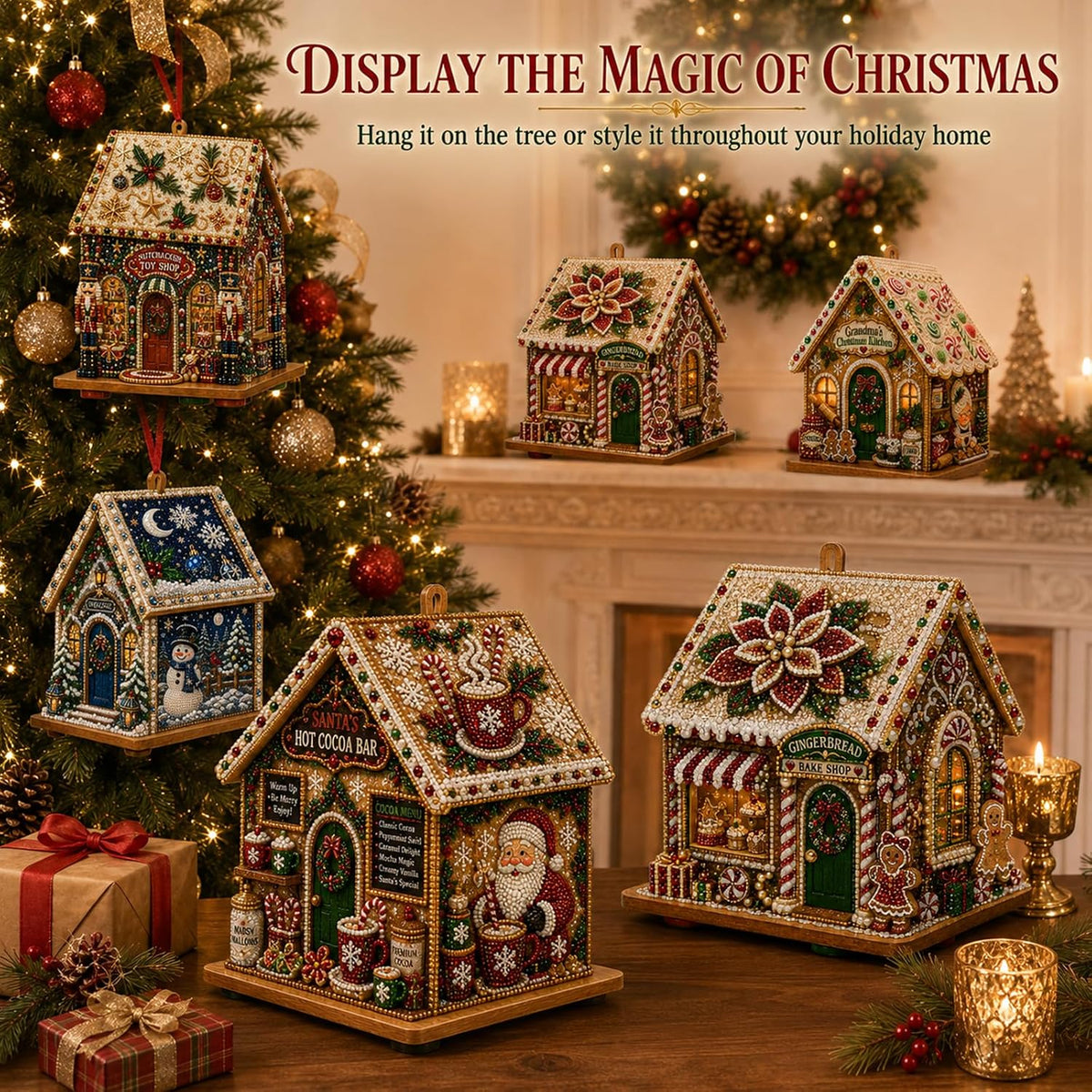 🎅3D Christmas House Pearl & Diamond Painting Kit – DIY Wooden Holiday Craft
