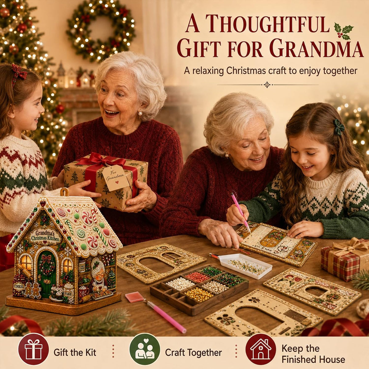 🎅3D Christmas House Pearl & Diamond Painting Kit – DIY Wooden Holiday Craft