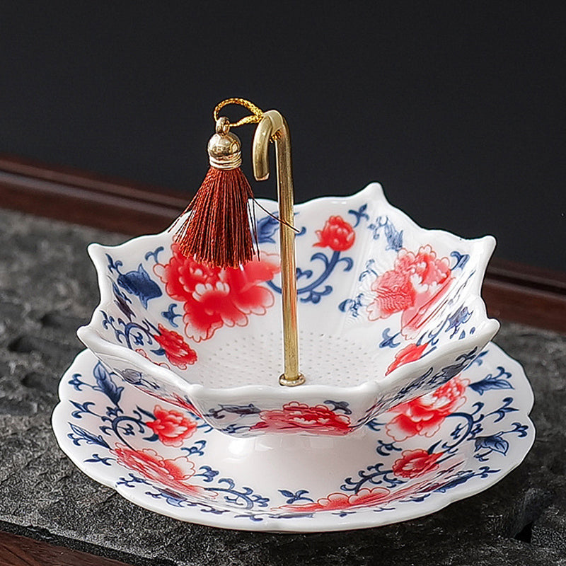 ☂️🍵Chinese Blue and White Porcelain Tea Strainer Set | Umbrella Shape Ceramic Tea Filter with Saucer
