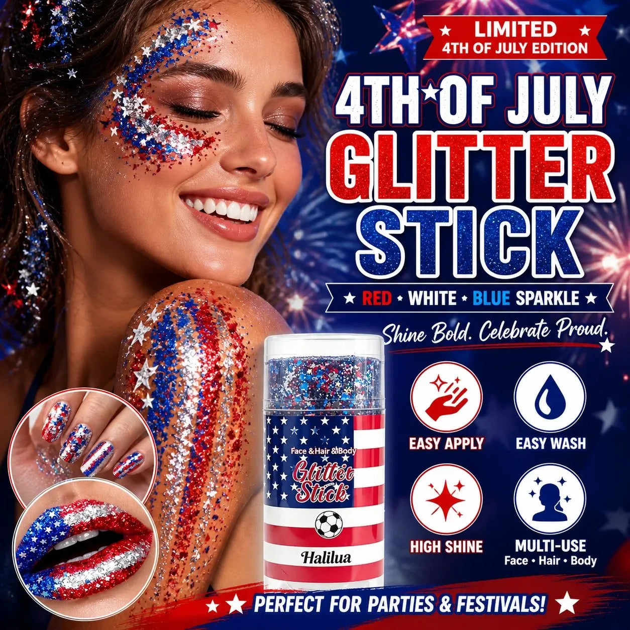 🦅4th of July Glitter Stick✨🔔Red, White & Blue Body & Hair Sparkle
