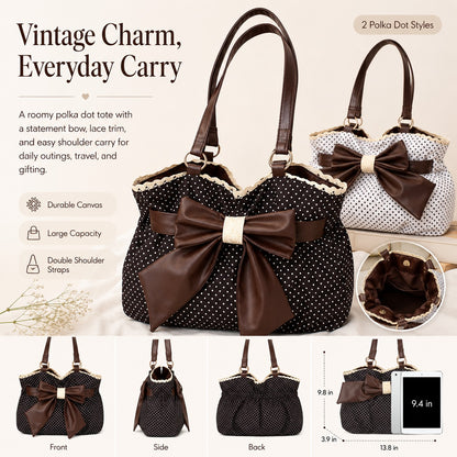 🤎 Retro Sweet Polka Dot Shoulder Tote Bag, Big Brown Bow Lace Edge Canvas Everyday Purse
