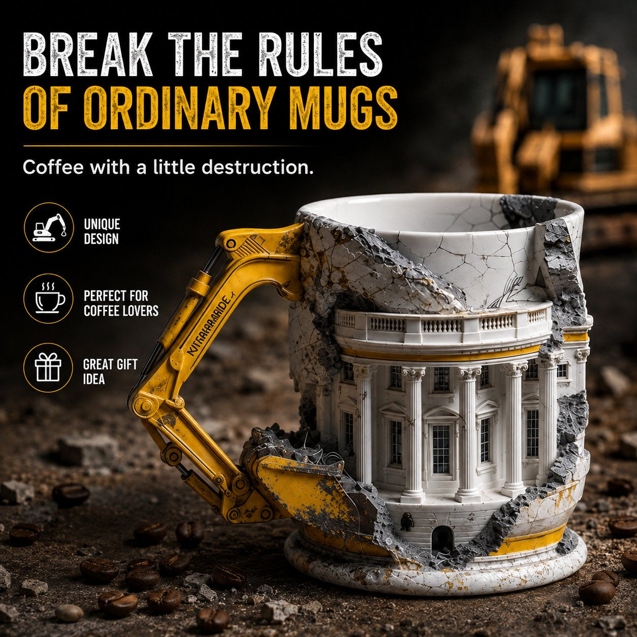 🚧3D Excavator Ruin Building Mug🏗️ Industrial Sculpted Coffee Cup, Unique Gift for Engineers & Construction Lovers