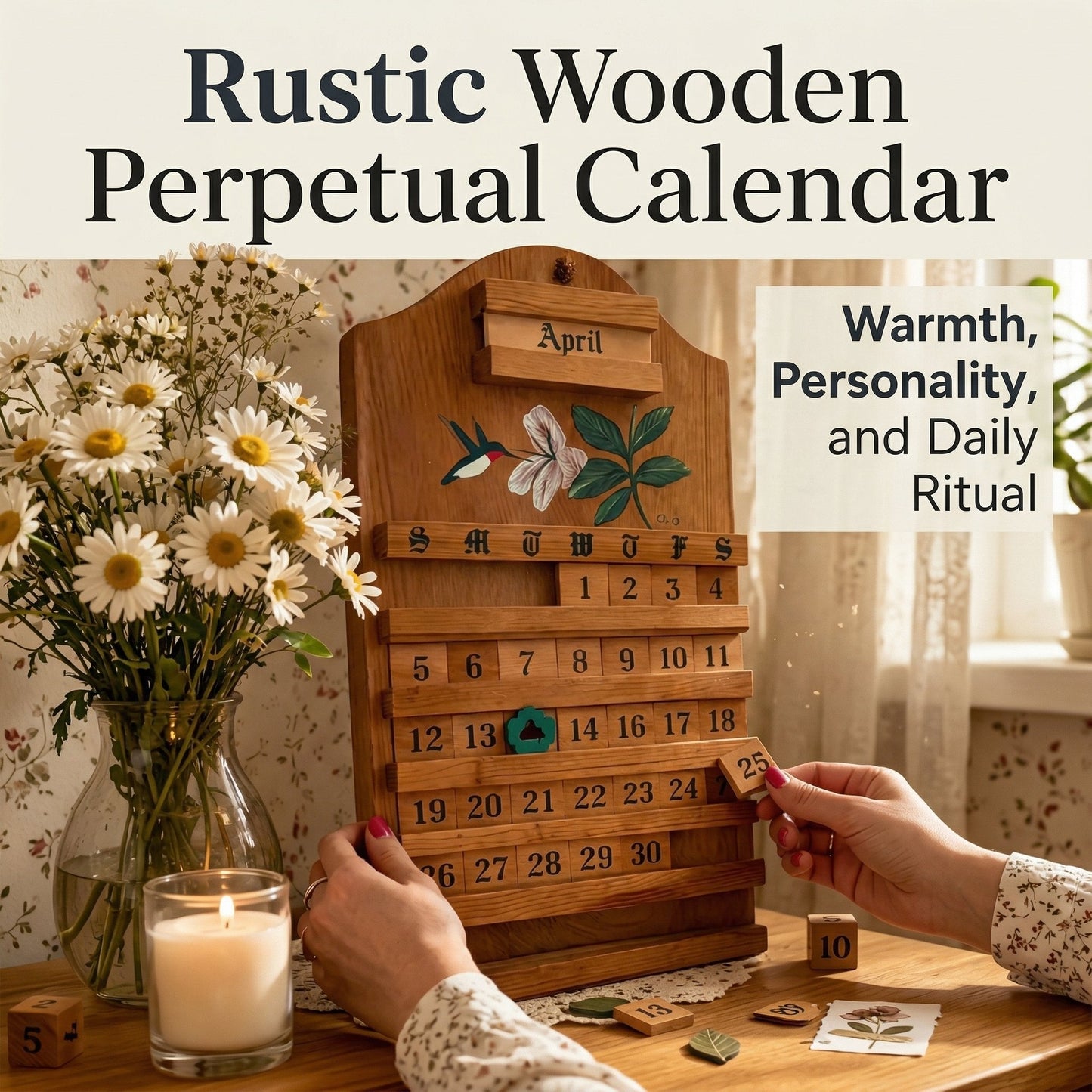 🌲 Wooden Perpetual Calendar – Rustic Family Date Tracker with Hand-Painted Art, Reusable DIY Home Decor for Wall & Tabletop
