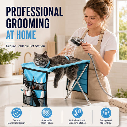 🐾 2-in-1 Foldable Pet Grooming Table – Suspension Hammock & Stable Bath Station