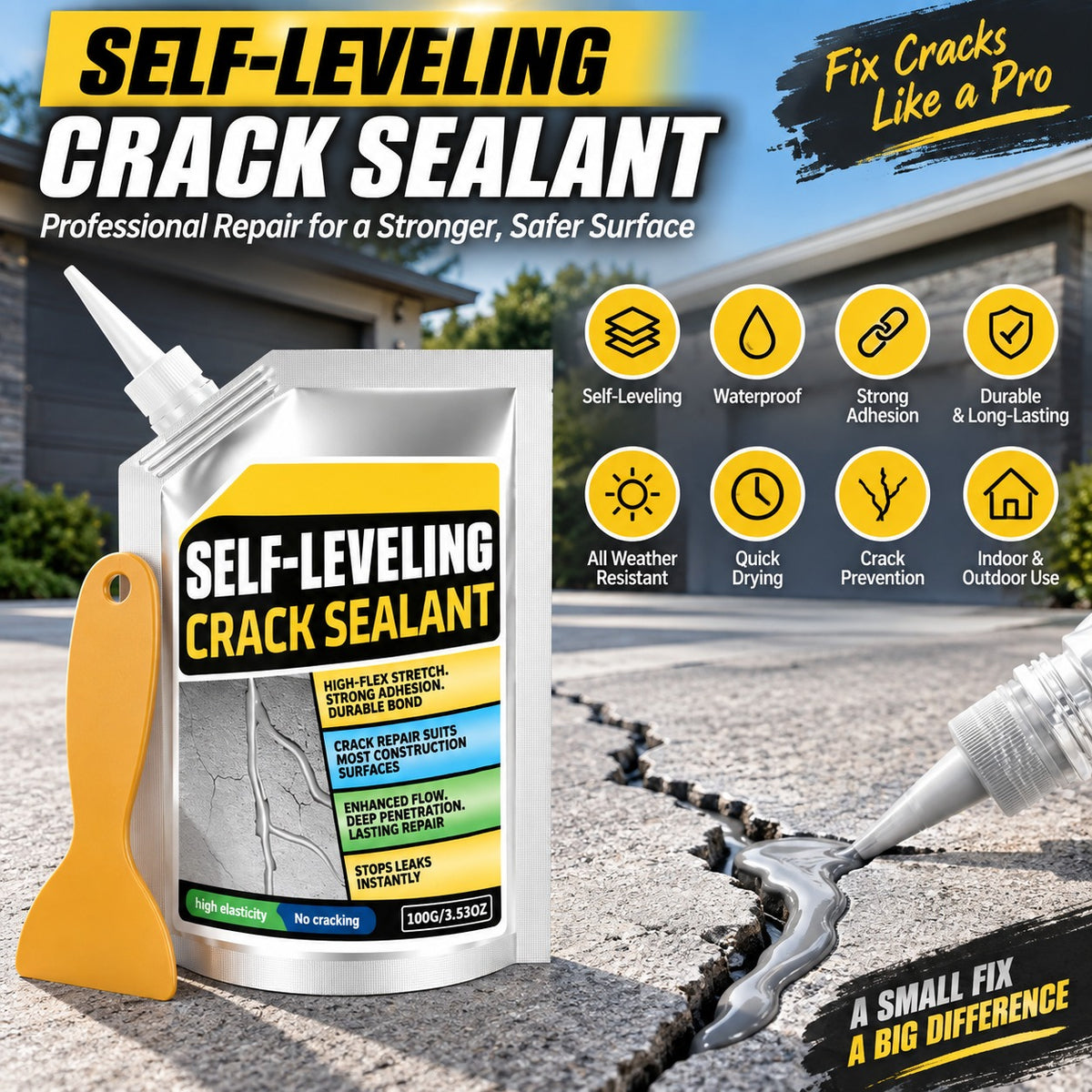 🛠️ Self-Leveling Concrete Crack Sealant, Waterproof Flexible Crack Filler for Driveway Sidewalk Garage Floor, All Weather Outdoor Concrete Crack Repair
