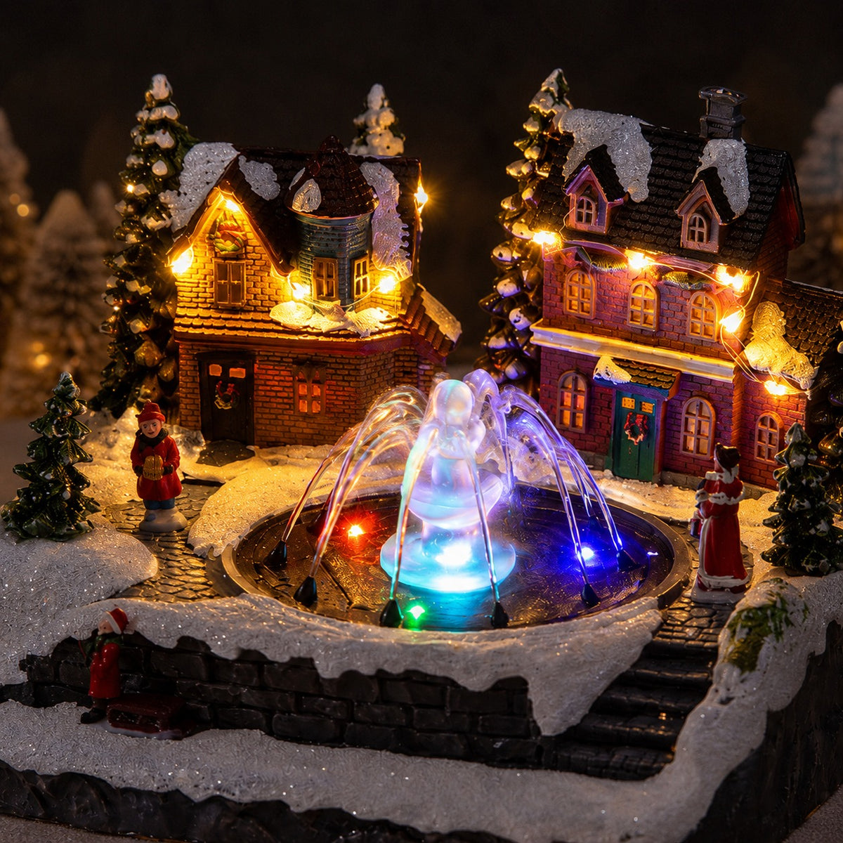 🎄Animated Christmas Village Fountain Music Box✨ Light‑Up Resin Winter Scene Ornament Holiday Tabletop Decor Xmas Gift