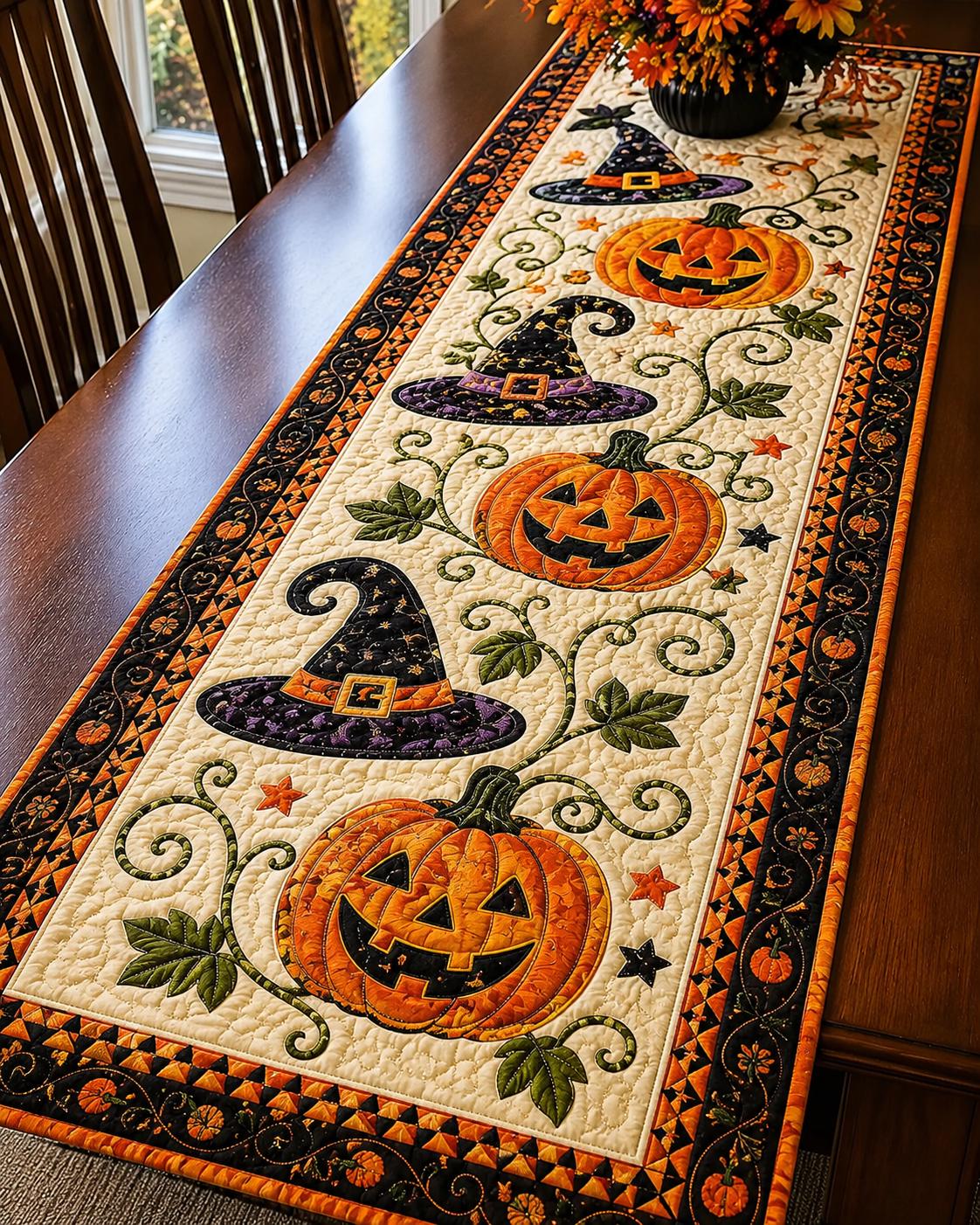 🎃 Quilted Halloween Table Runner – Pumpkin & Witch Hat Design
