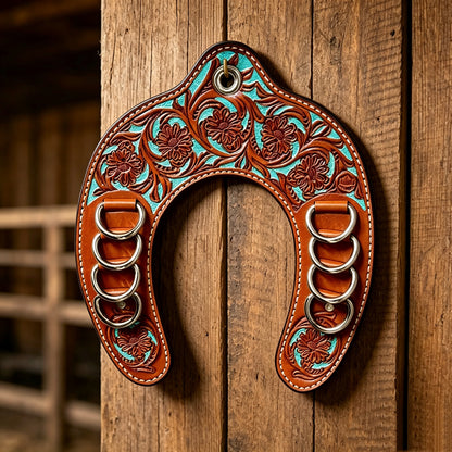🌵 Western-Style Tooled Leather Horseshoe Hook – Equestrian Scarf/Silk Scarf Organizer & Decor