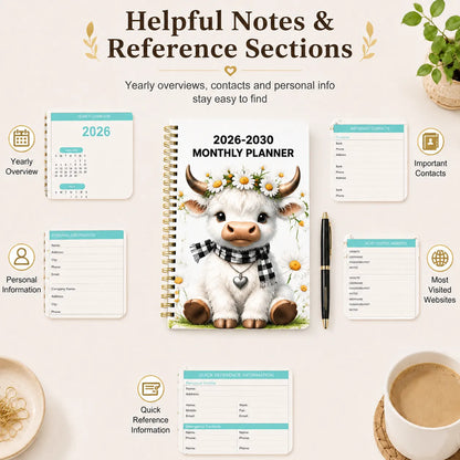 🐮  Cute Cow 5-Year Planner 2026–2030 | Monthly Organizer with Farmhouse Cover, Goal Tracking Pages & Long-Term Planning Layout ✨
