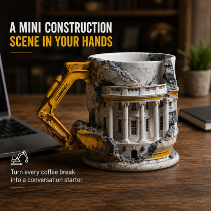 🚧3D Excavator Ruin Building Mug🏗️ Industrial Sculpted Coffee Cup, Unique Gift for Engineers & Construction Lovers