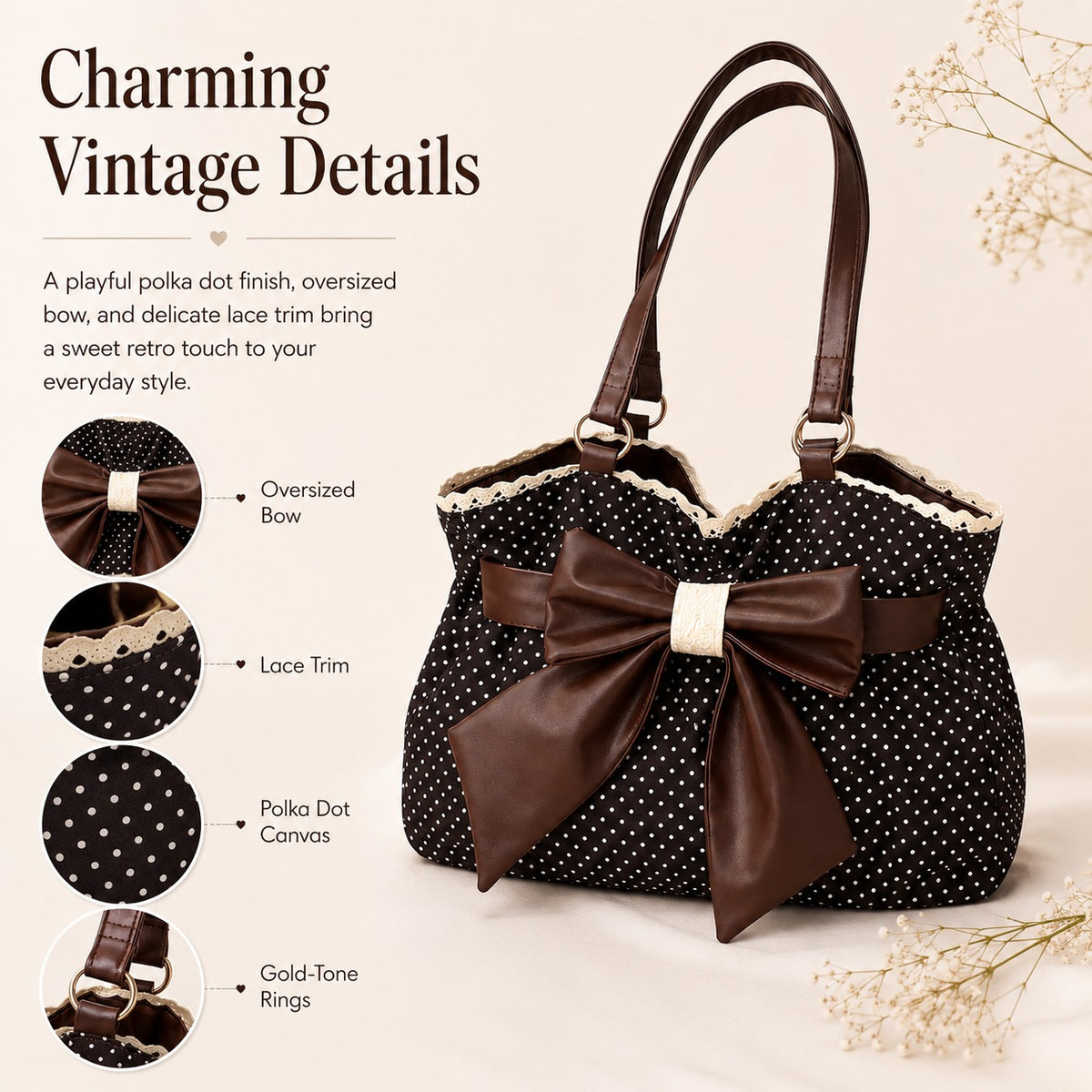 🤎 Retro Sweet Polka Dot Shoulder Tote Bag, Big Brown Bow Lace Edge Canvas Everyday Purse