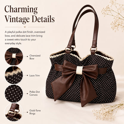 🤎 Retro Sweet Polka Dot Shoulder Tote Bag, Big Brown Bow Lace Edge Canvas Everyday Purse