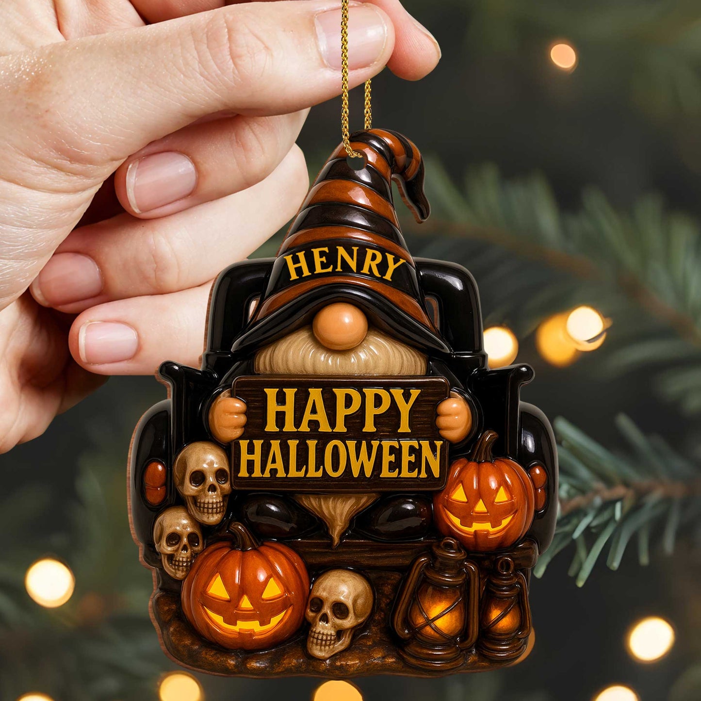 👻 	Personalized Halloween Goblin Ornament – Custom Name Resin Hanging Decor for Home