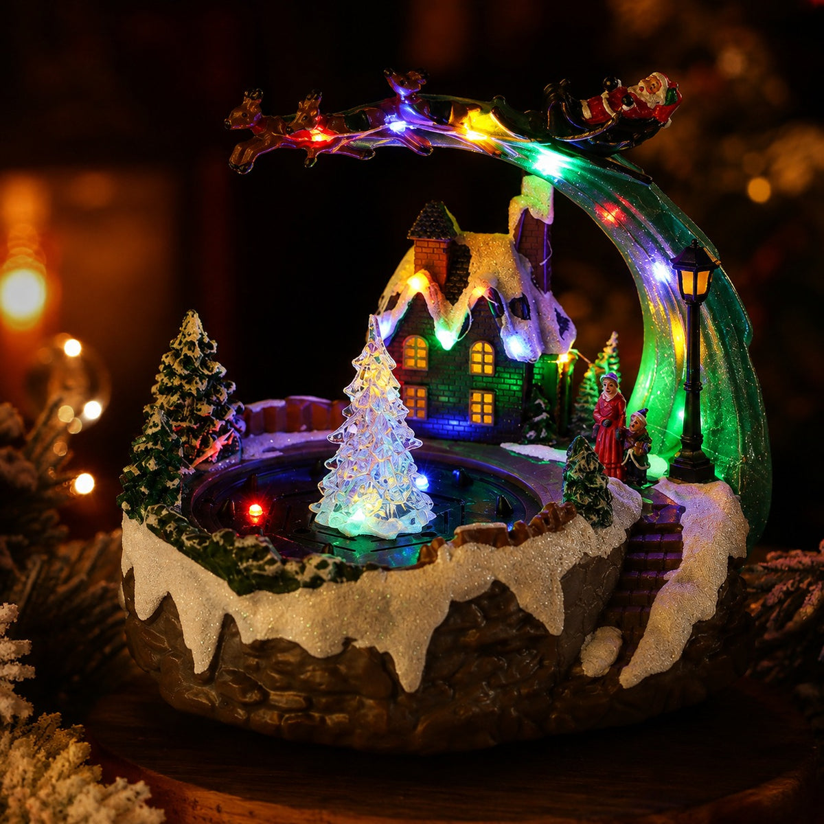 🎄Animated Christmas Village Fountain Music Box✨ Light‑Up Resin Winter Scene Ornament Holiday Tabletop Decor Xmas Gift