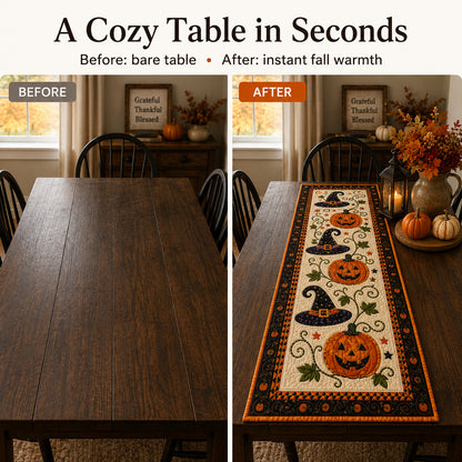 🎃 Quilted Halloween Table Runner – Pumpkin & Witch Hat Design