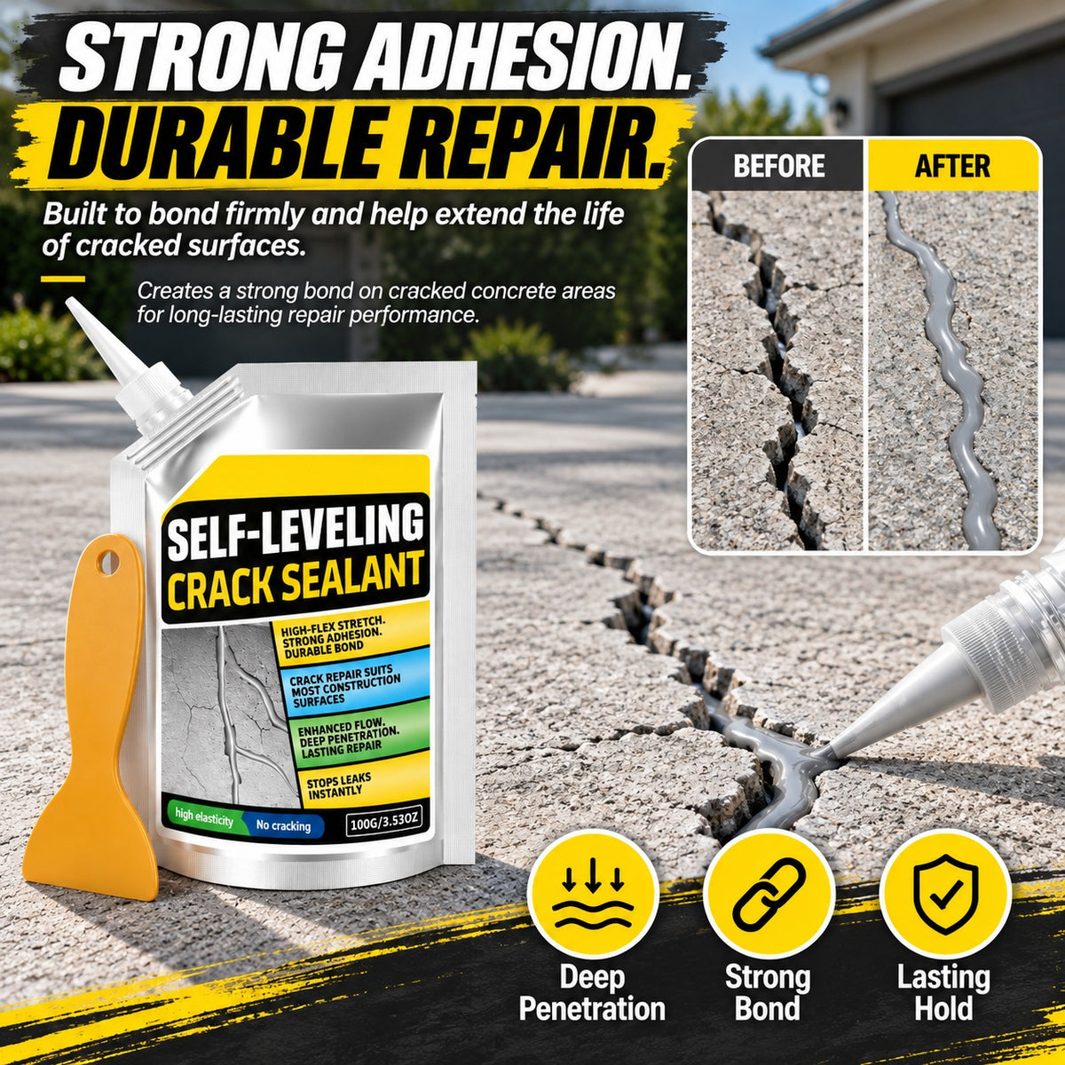🛠️ Self-Leveling Concrete Crack Sealant, Waterproof Flexible Crack Filler for Driveway Sidewalk Garage Floor, All Weather Outdoor Concrete Crack Repair